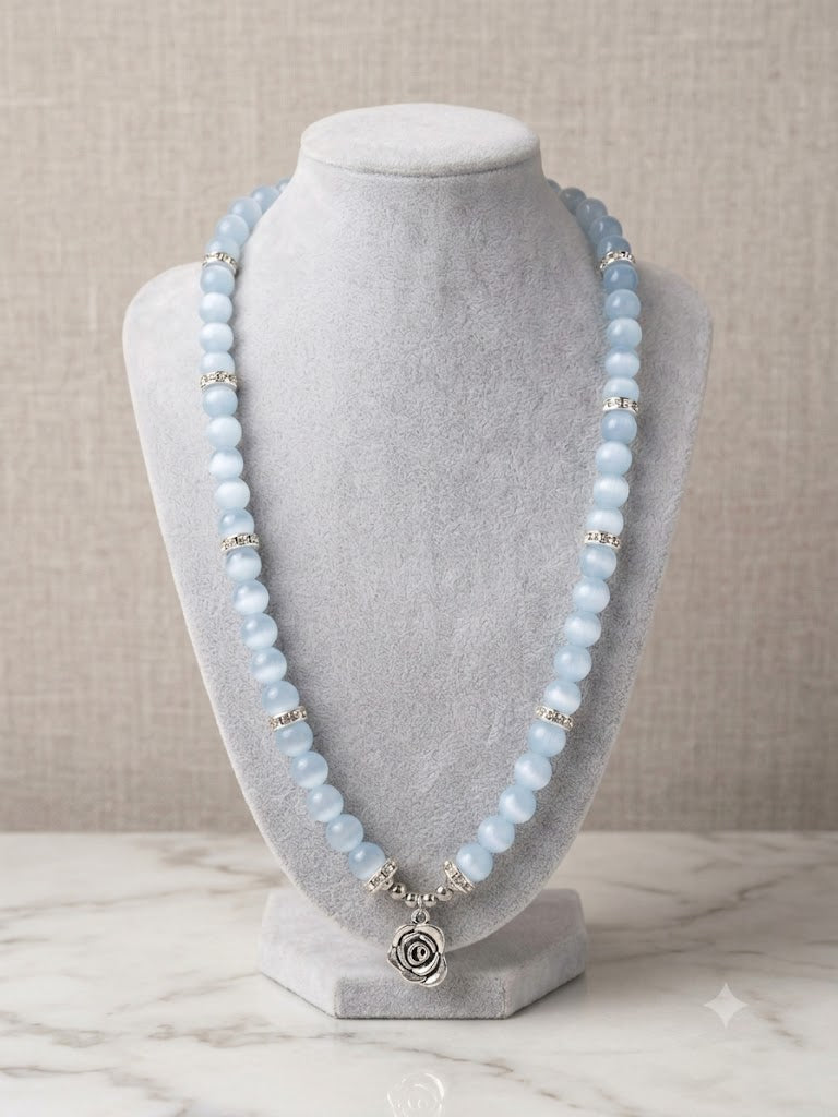Ethereal Blue Aquamarine Bead Necklace with Stainless Steel Rose Charm & Crystal Rondelles