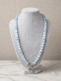 Ethereal Blue Aquamarine Bead Necklace with Stainless Steel Rose Charm & Crystal Rondelles