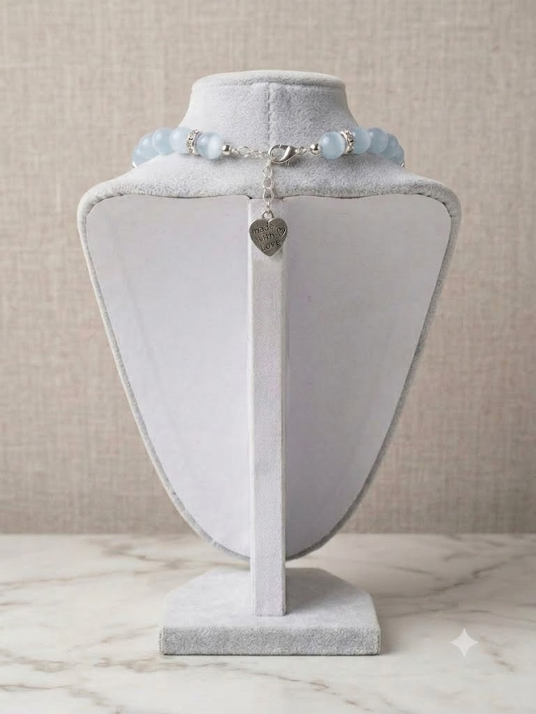 Ethereal Blue Aquamarine Bead Necklace with Stainless Steel Rose Charm & Crystal Rondelles