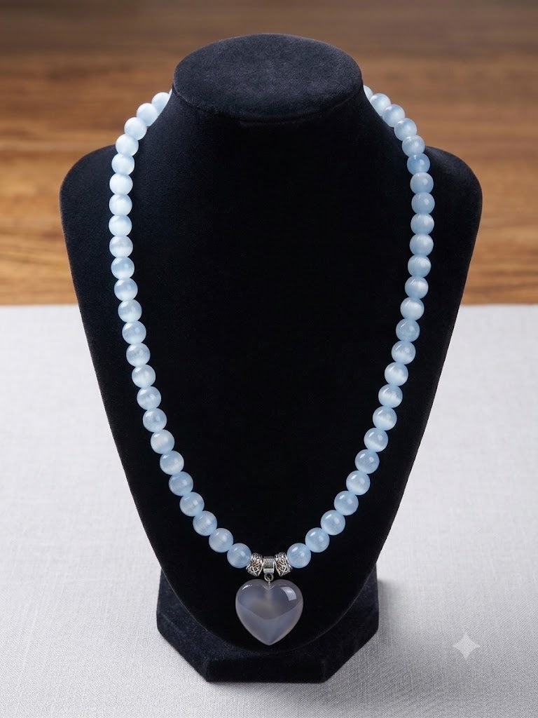 Serene Skies: Aquamarine & Blue Chalcedony Heart Pendant Necklace