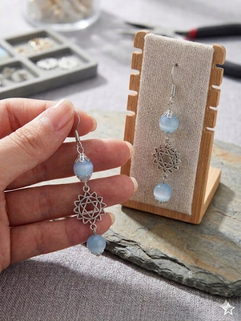 Celestial Balance: Aquamarine & Sacred Star Dangle Earrings