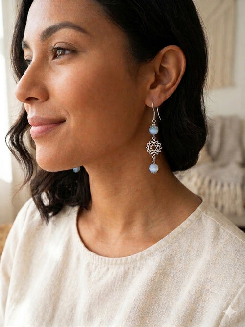 Celestial Balance: Aquamarine & Sacred Star Dangle Earrings