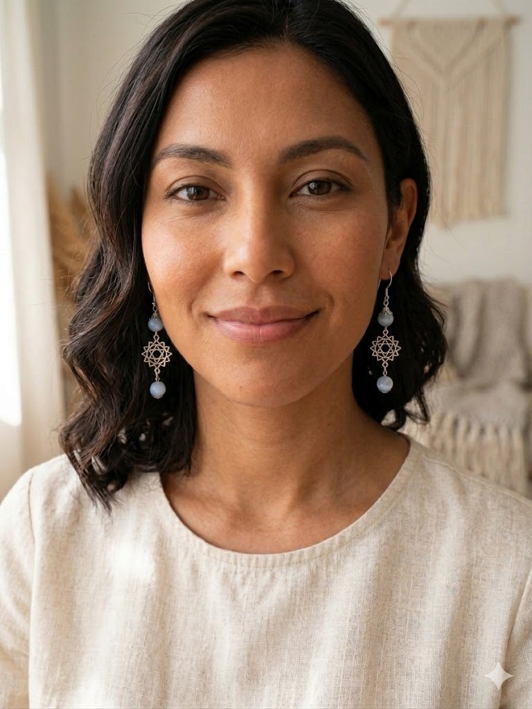 Celestial Balance: Aquamarine & Sacred Star Dangle Earrings