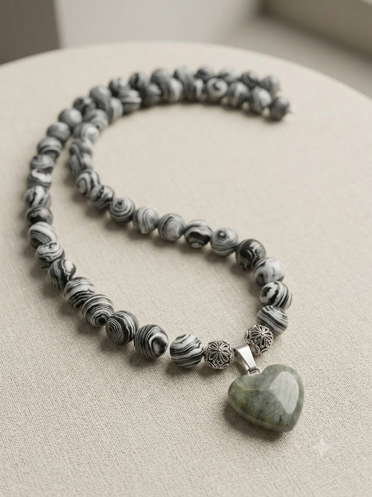 Earthy Elegance: Black & White Malachite Necklace With Green Aventurine Heart Pendant