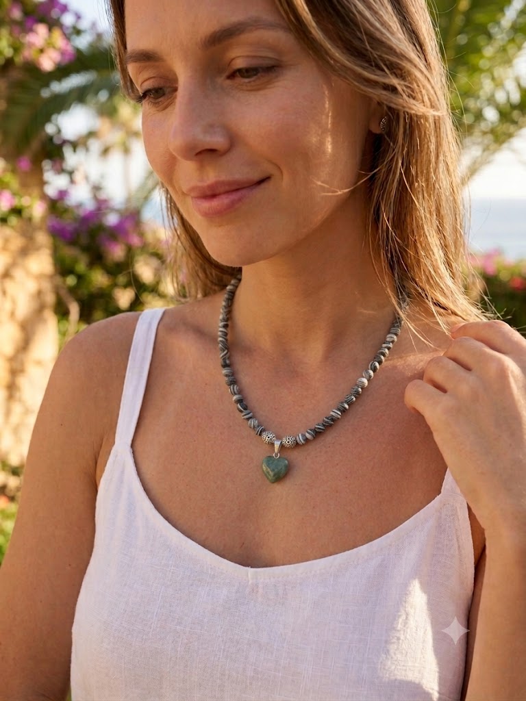 Earthy Elegance: Black & White Malachite Necklace With Green Aventurine Heart Pendant