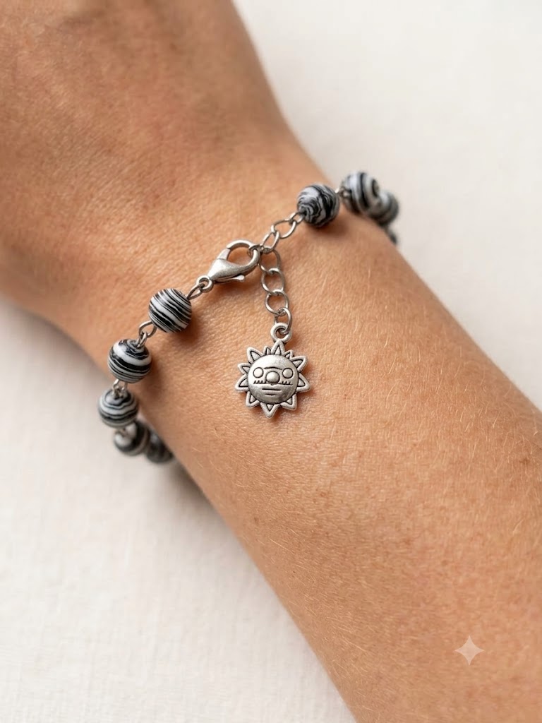 Black and White Zebra Malachite Bracelet with Stainless Steel Sun Charm