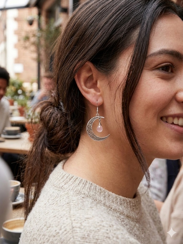 Celestial Filigree Crescent Moon & Rose Quartz Earrings
