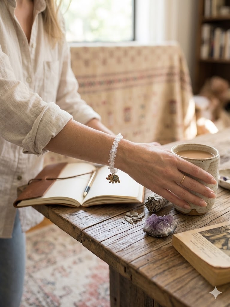 Clear Quartz Chip Bracelet with Ornate Elephant Charm