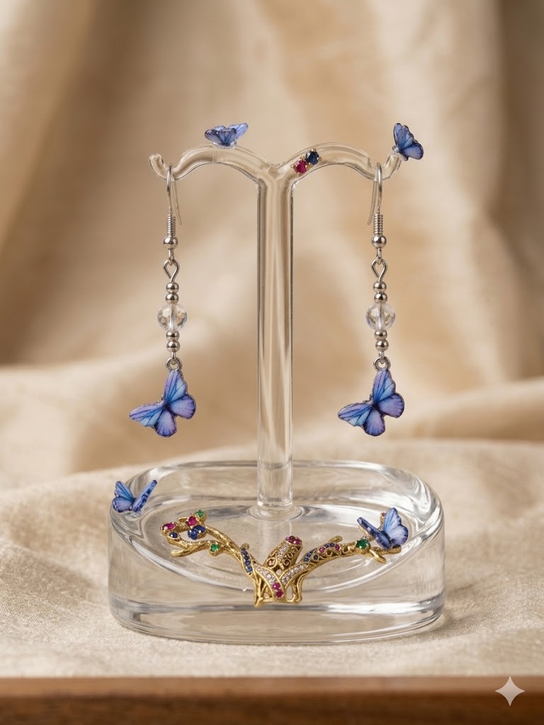 Capture the Magic of Transformation: Clear Quartz & Blue Butterfly Drop Earrings