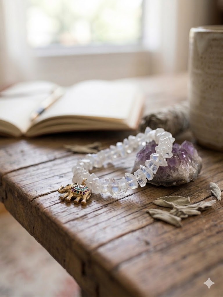Clear Quartz Chip Bracelet with Ornate Elephant Charm