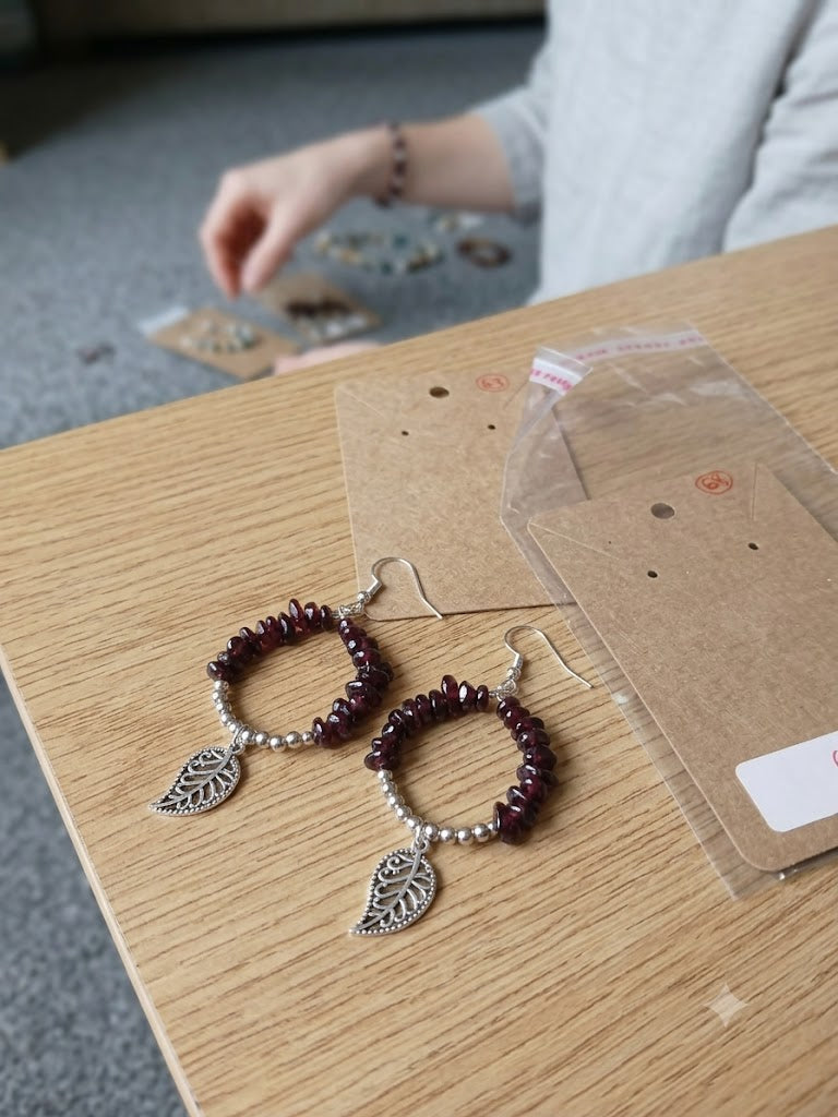 Earthy Elegance: Natural Garnet & Filigree Leaf Hoop Earrings