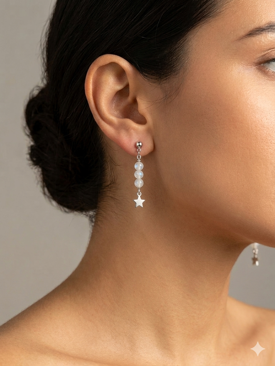 Celestial Moonstone & Star Drop Earrings – .925 Sterling Silver