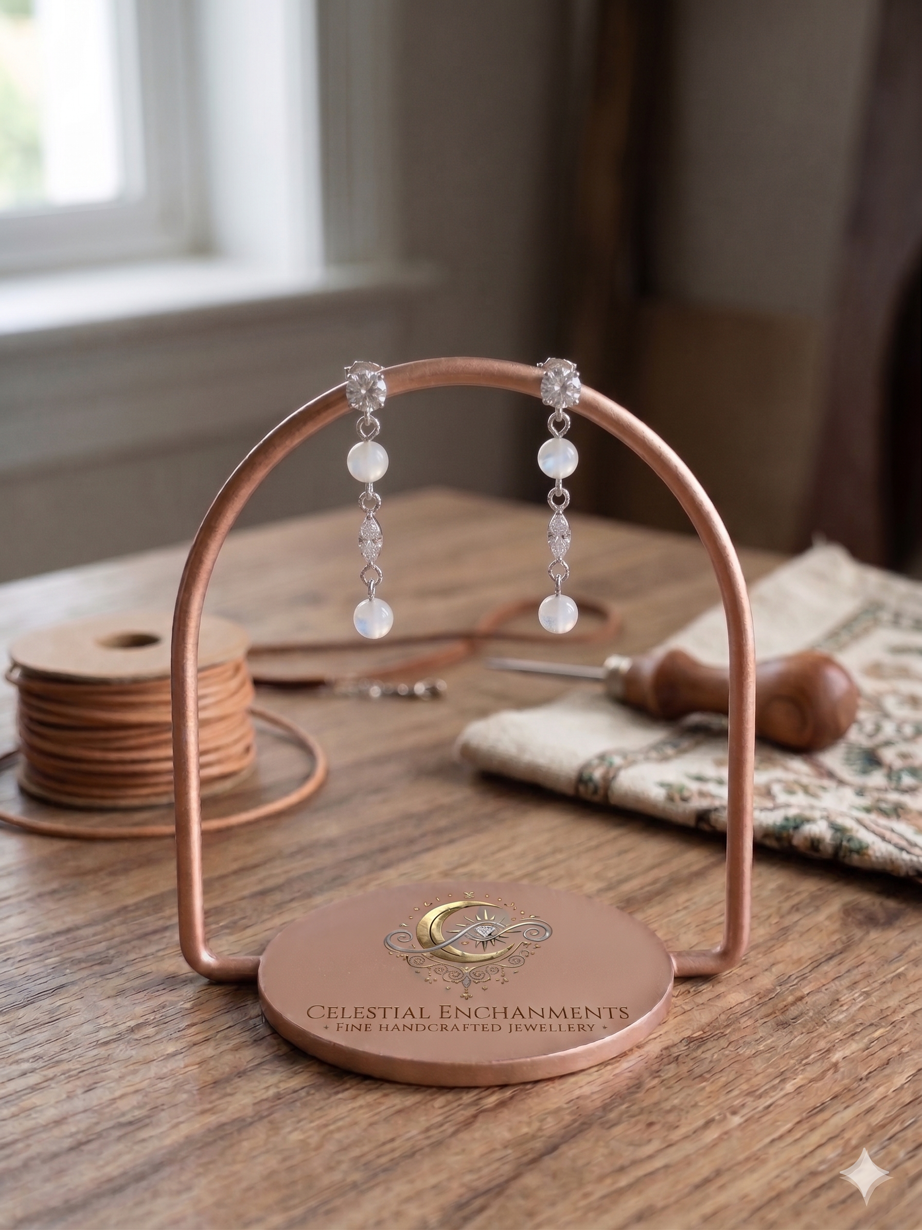 Celestial Enchantments: Moonstone &amp; Cubic Zirconia Dangle Studs
