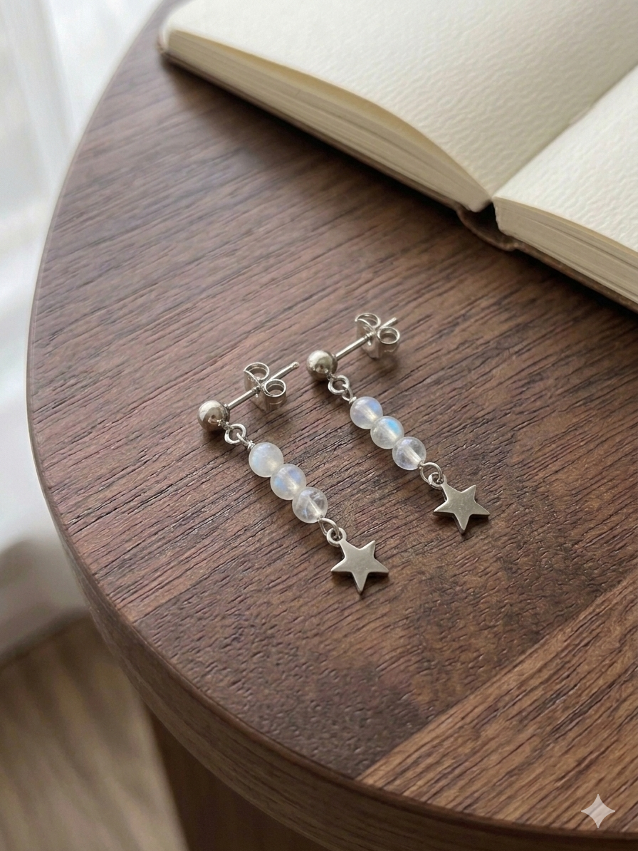 Celestial Moonstone & Star Drop Earrings – .925 Sterling Silver
