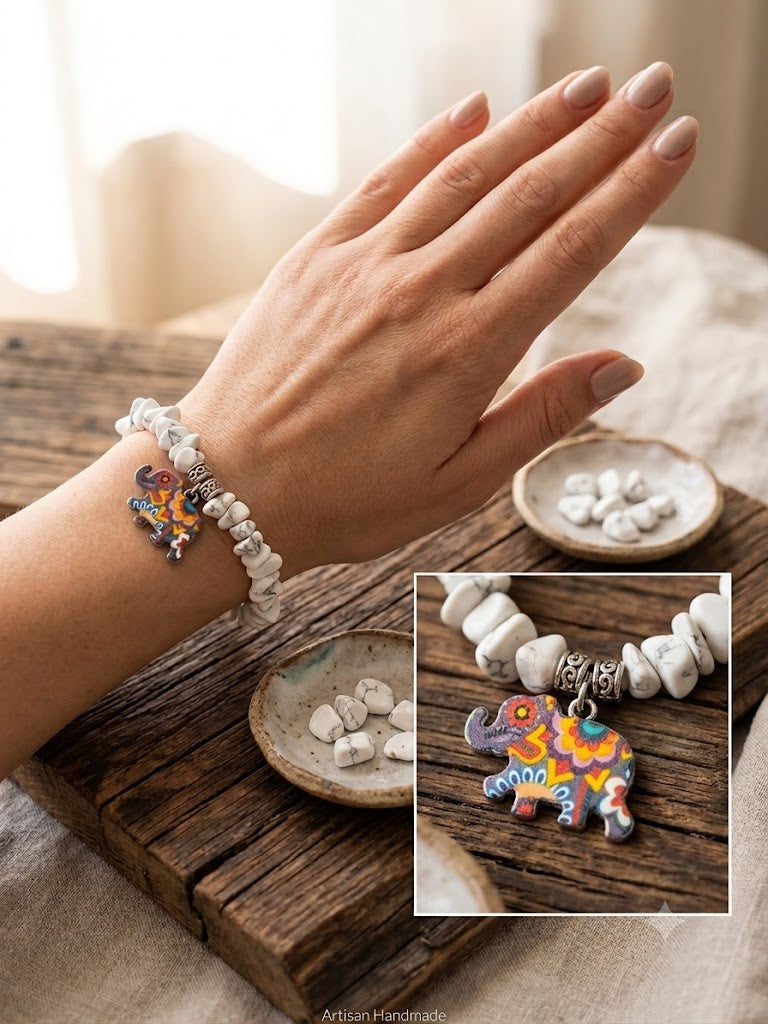 Boho Vibrant Elephant Howlite Chip Bracelet
