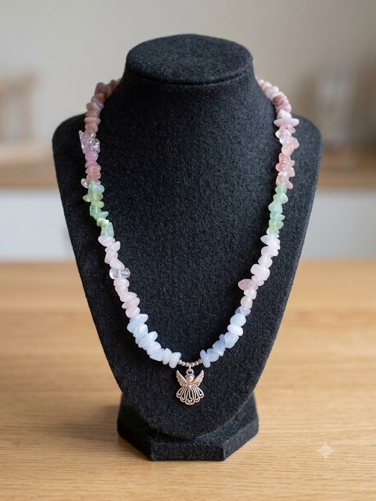 Ethereal Harmony Mixed Gemstone Chip Necklace with Stainless Steel Fairy Pendant