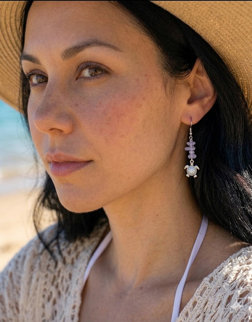 Coastal Turtle & Purple Agate Drop Earrings – Stainless Steel