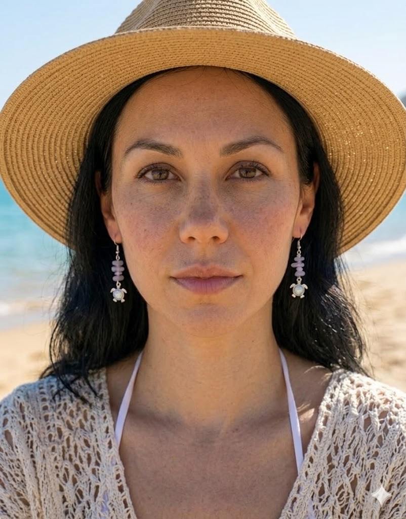Coastal Turtle & Purple Agate Drop Earrings – Stainless Steel