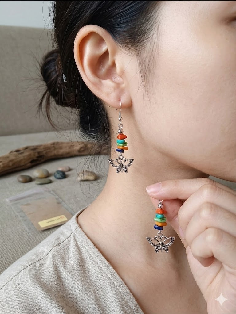 Whimsical Flutter: Rainbow Gemstone Butterfly Drop Earrings