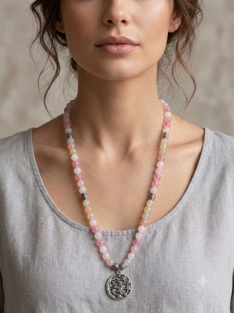 Celestial Rainbow Glass Bead Necklace with Stars & Moon Pendant