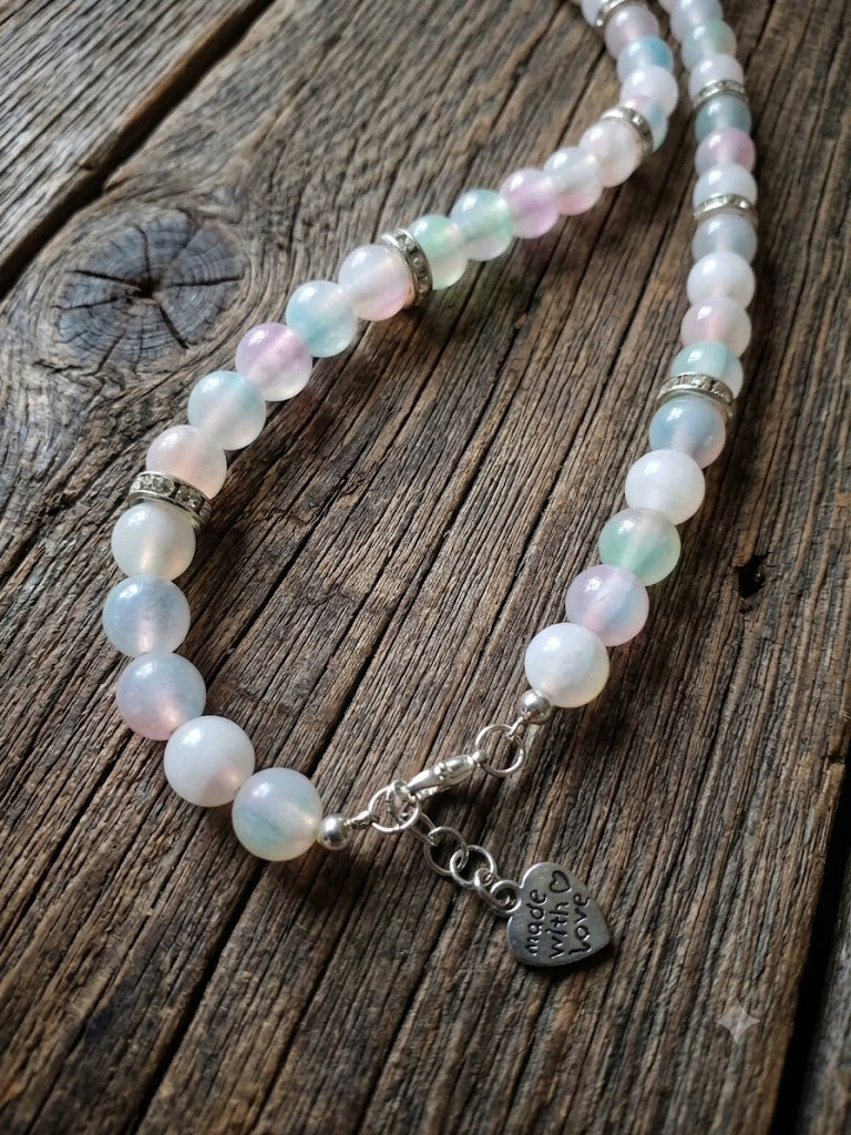 Celestial Rainbow Glass Bead Necklace with Stars & Moon Pendant