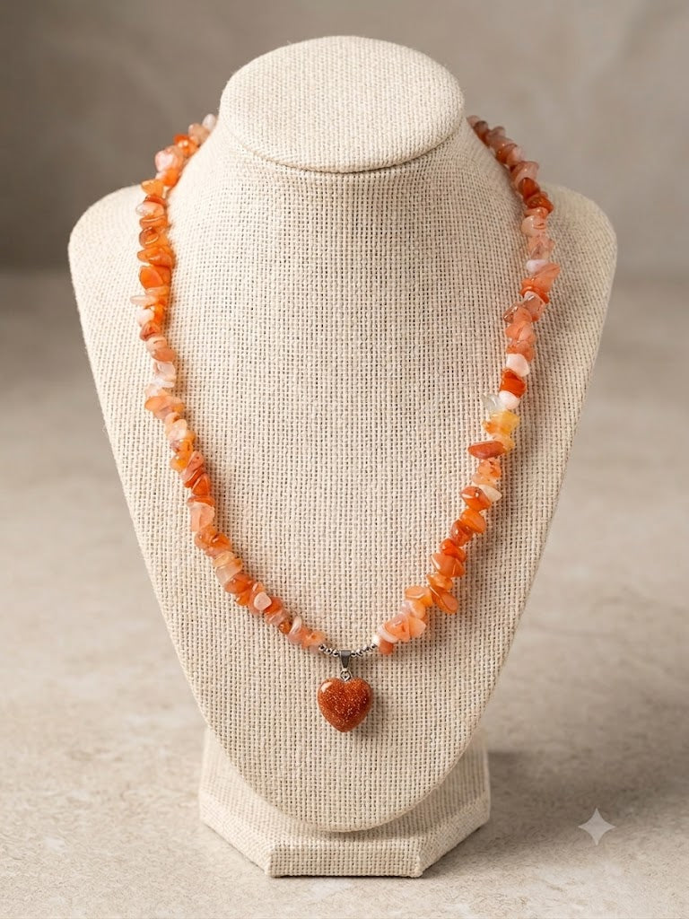 Fiery Passion Red Agate & Goldstone Heart Necklace