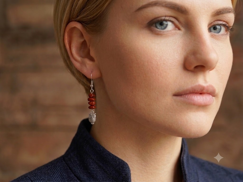 Whimsical Wisdom: Red Jasper &amp; Antiqued Silver Owl Drop Earrings