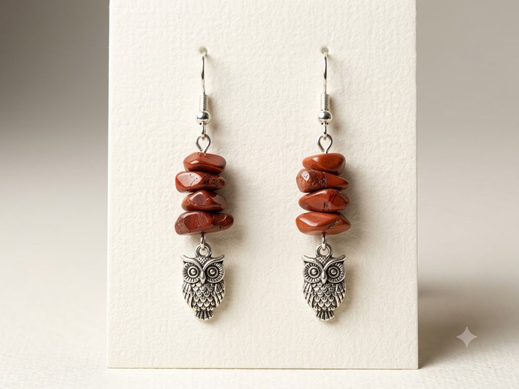 Whimsical Wisdom: Red Jasper &amp; Antiqued Silver Owl Drop Earrings