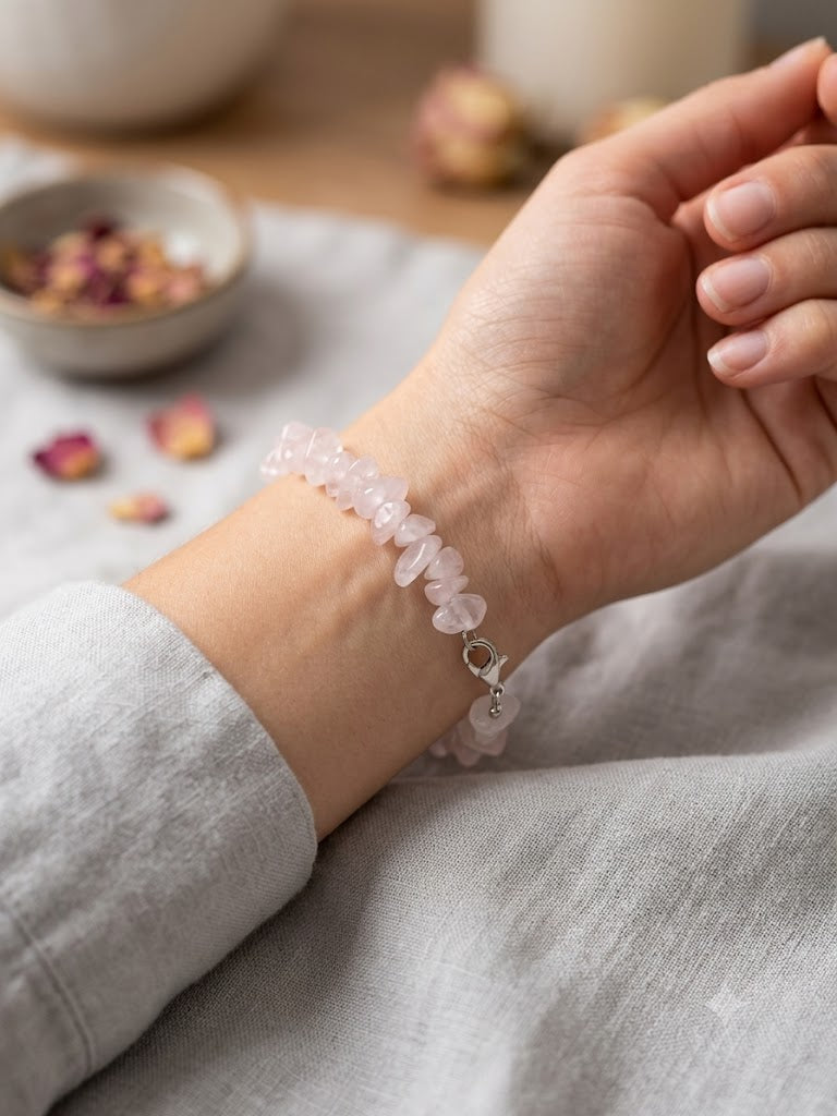 Celestial Heart Raw Rose Quartz Chip Bracelet