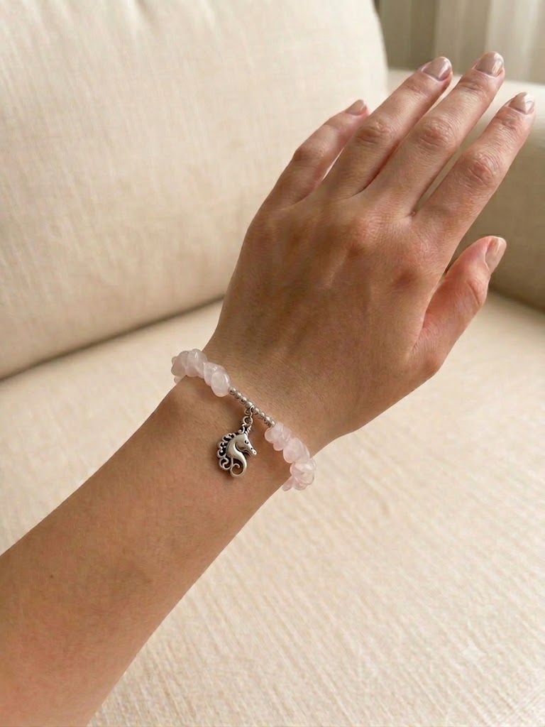 Embrace Magic and Compassion: Rose Quartz Chip Bracelet with Silver-Toned Unicorn and Heart Charms