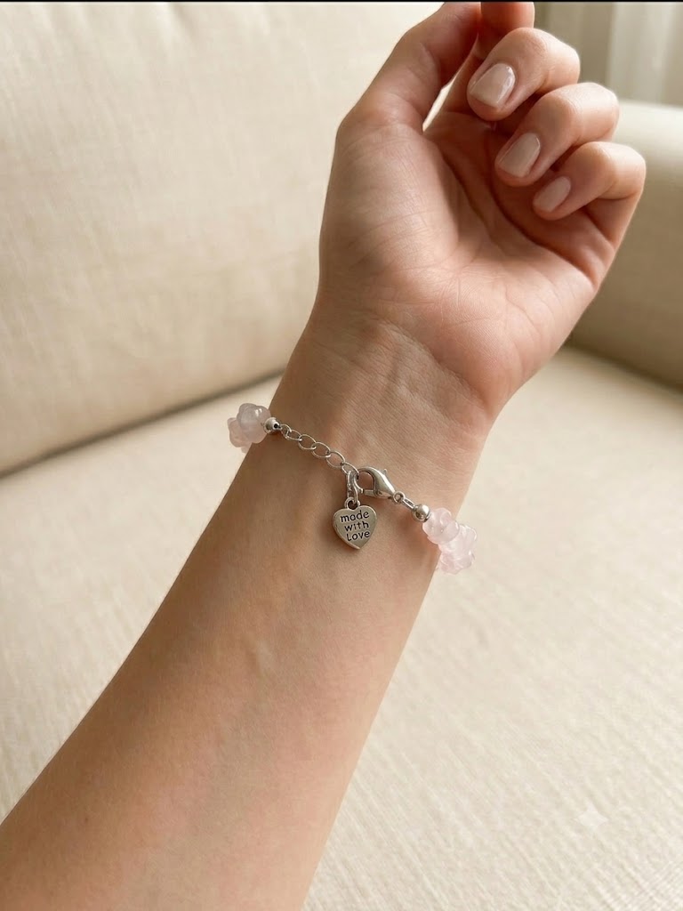 Embrace Magic and Compassion: Rose Quartz Chip Bracelet with Silver-Toned Unicorn and Heart Charms