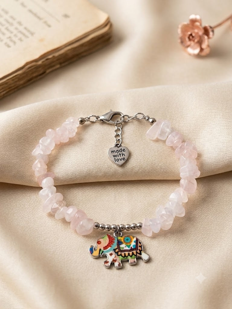Embrace Universal Love with the Handcrafted Rose Quartz Elephant Charm Bracelet