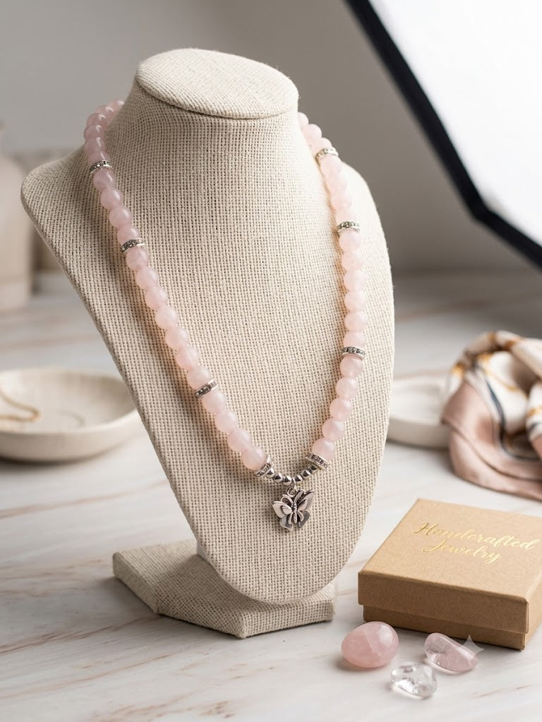Natural Rose Quartz Beaded Necklace with Stainless Steel Butterfly Charm