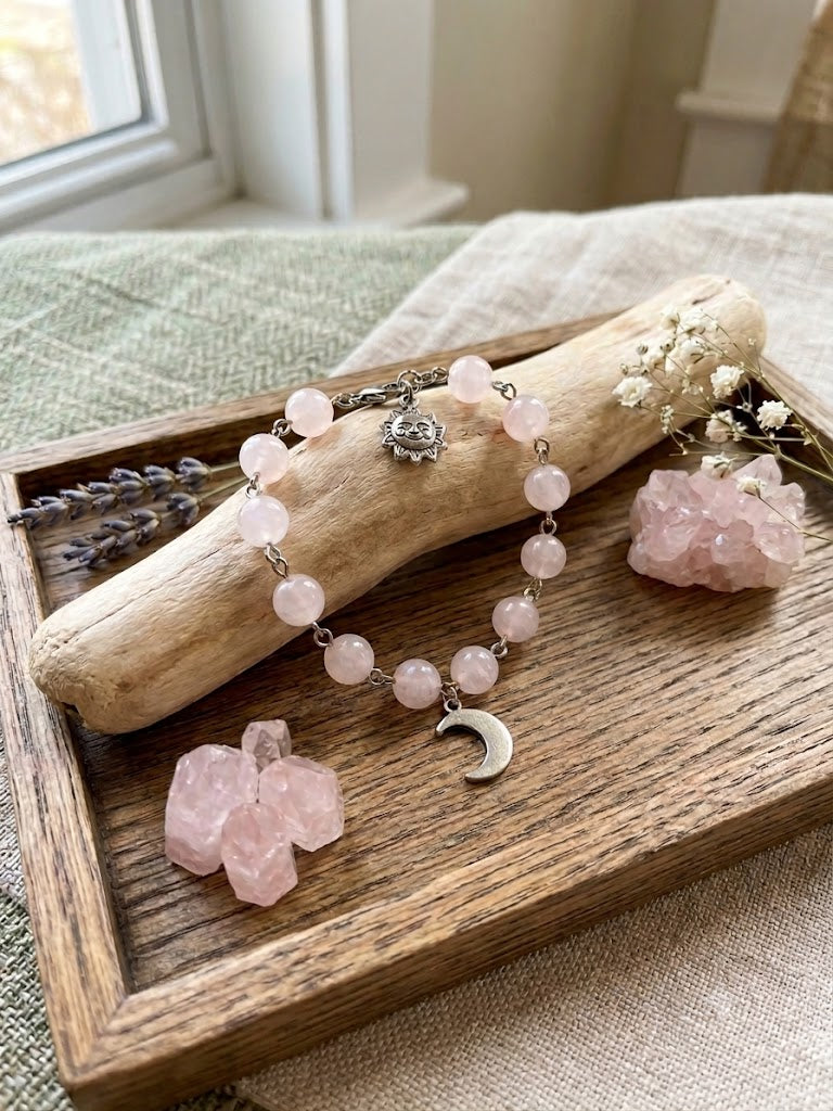 Celestial Rose Quartz Sun & Moon Charm Bracelet