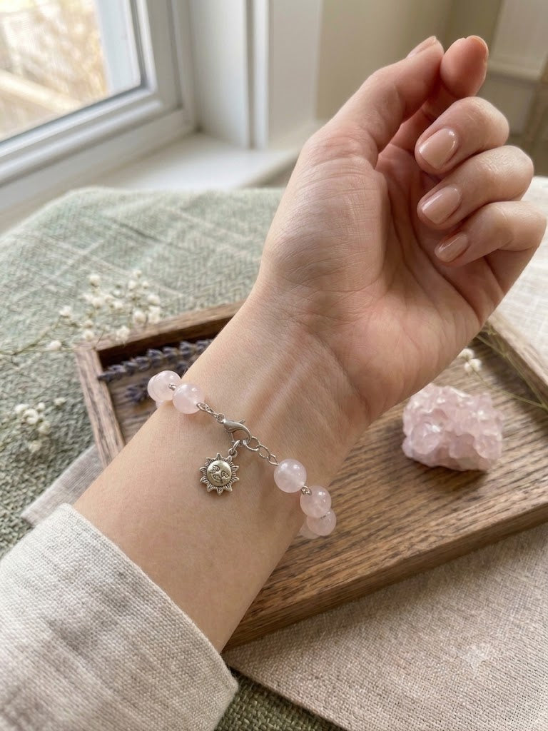 Celestial Rose Quartz Sun & Moon Charm Bracelet