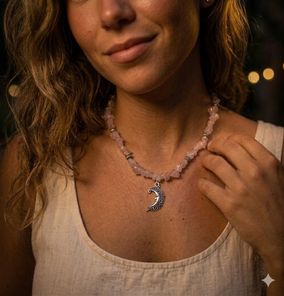 Celestial Rose Quartz Chip Necklace with Sun-Crescent Moon Pendant