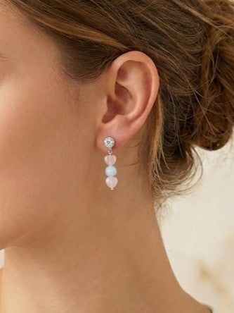 Rose quartz and aquamarine dangle drop earrings, 925 sterling silver, cubic zirconia studs.