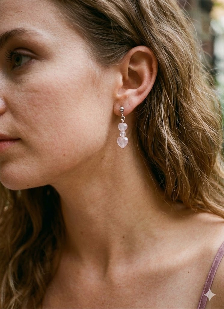 Heart shaped rose quartz and moonstone 925 sterling silver dangle studs
