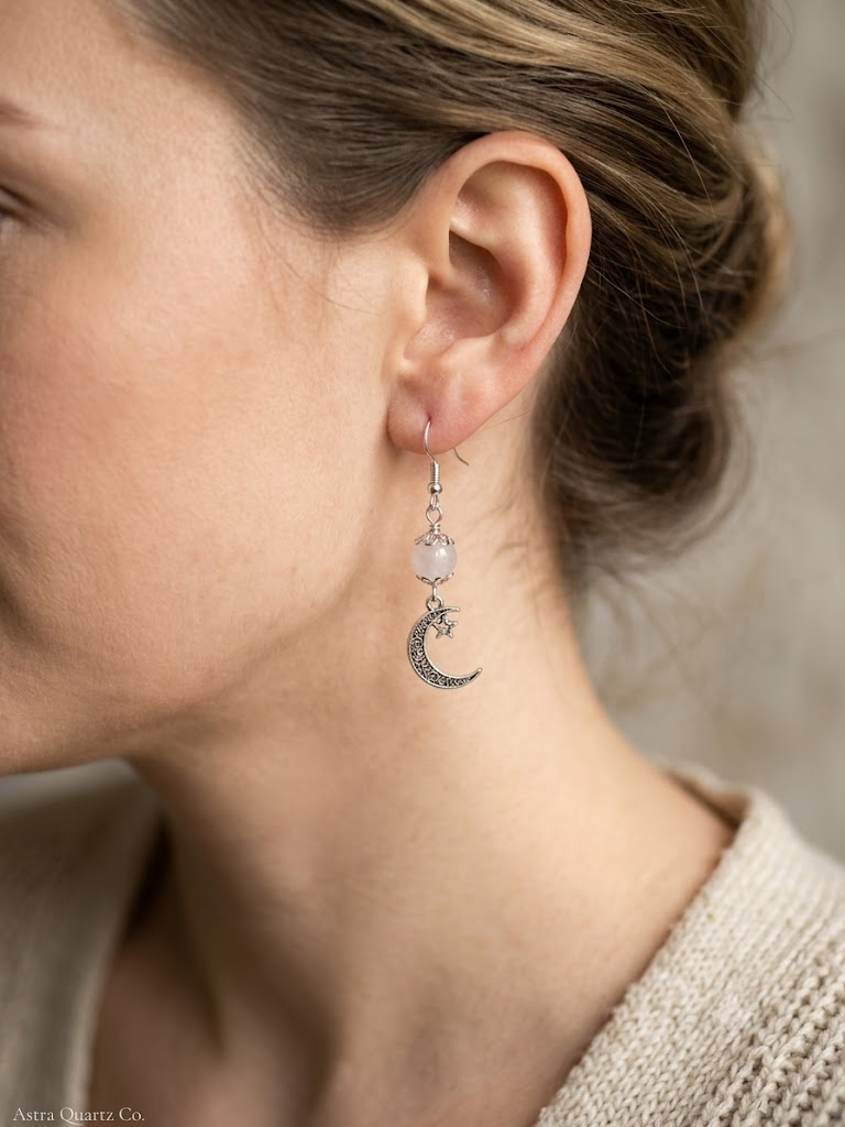 Celestial Rose Quartz Dangle Earrings: Lunar Harmony