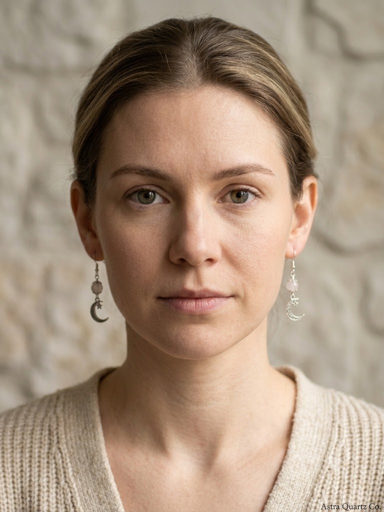 Celestial Rose Quartz Dangle Earrings: Lunar Harmony