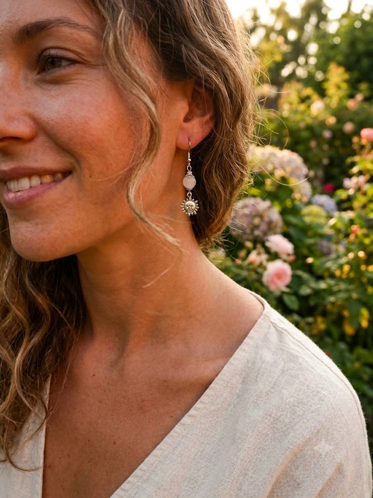 Celestial Radiance: Rose Quartz & Stainless Steel Sunburst Dangle Earrings