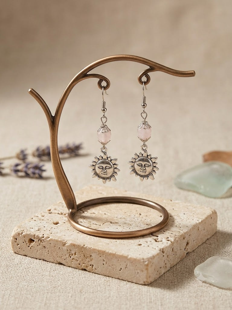 Celestial Radiance: Rose Quartz & Stainless Steel Sunburst Dangle Earrings