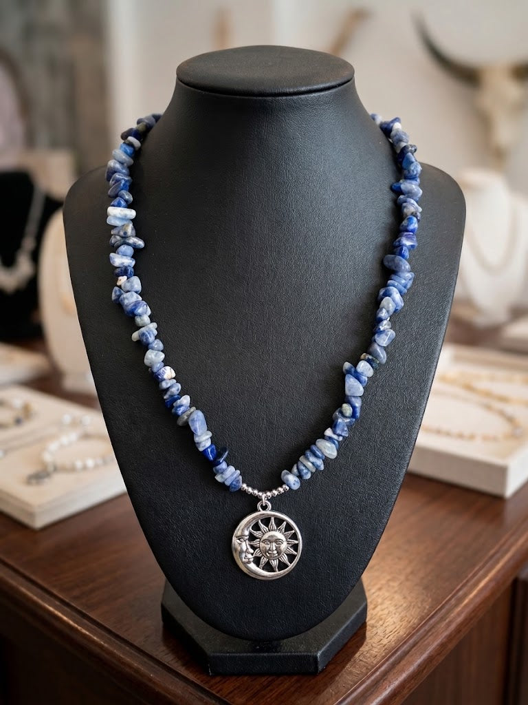 Celestial Harmony: Natural Sodalite & Stainless Steel Sun and Moon Pendant Necklace