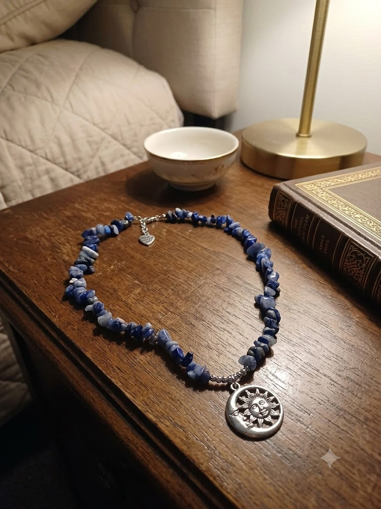 Celestial Harmony: Natural Sodalite & Stainless Steel Sun and Moon Pendant Necklace