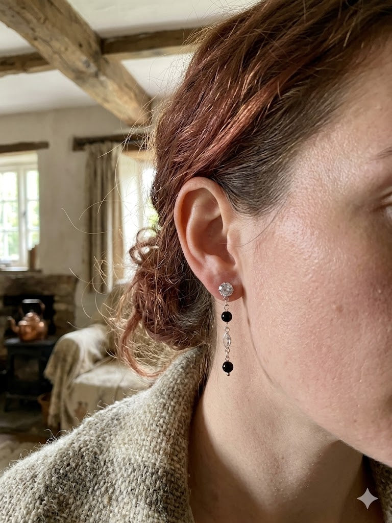 Midnight Sparkle: Sterling Silver Cubic Zirconia with Black Tourmaline Dangle Studs