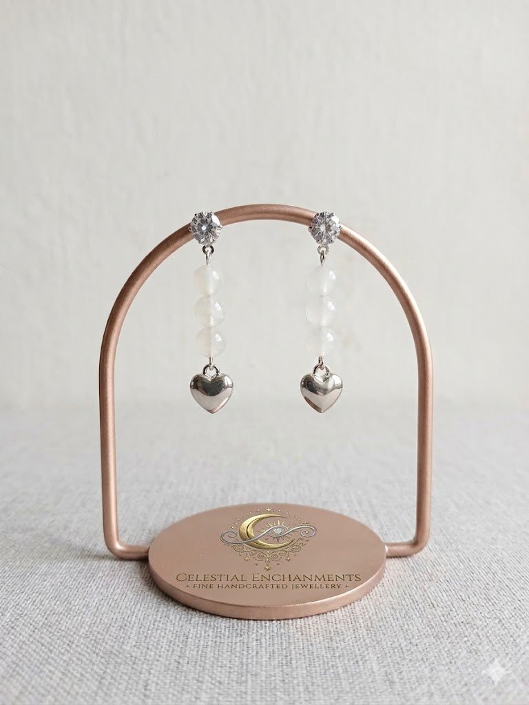 Celestial Romance: Cubic Zirconia &amp; Moonstone Heart Drop Earrings