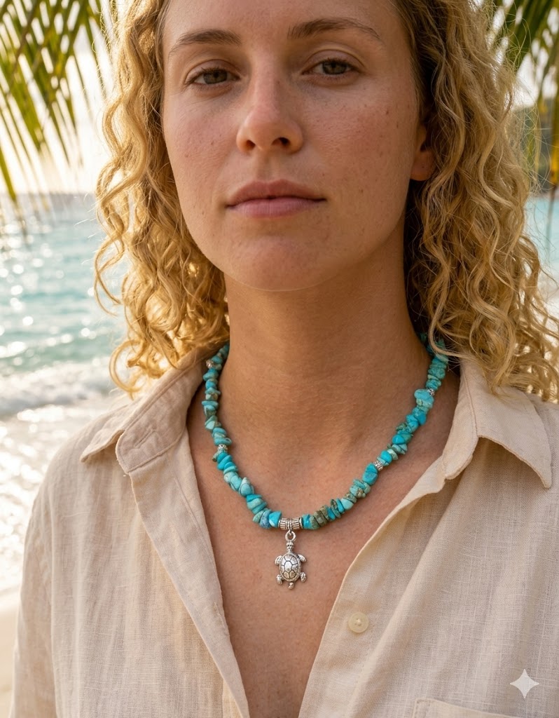 Turquoise howlite chip necklace with sea turtle pendant