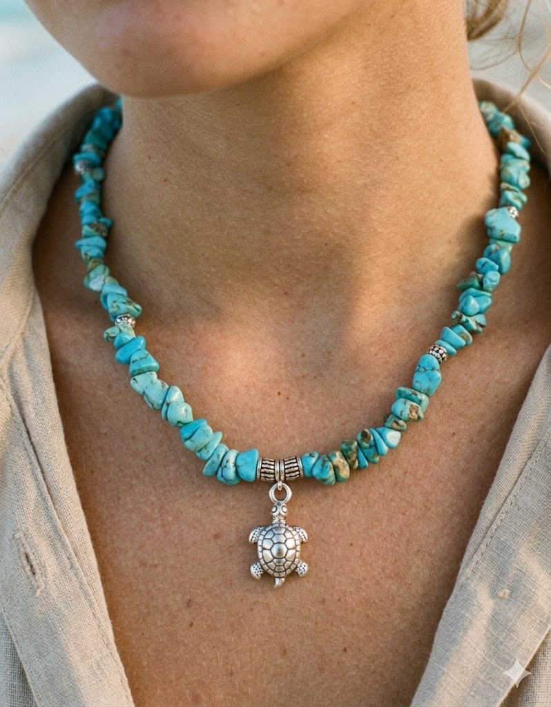 Turquoise howlite chip necklace with sea turtle pendant