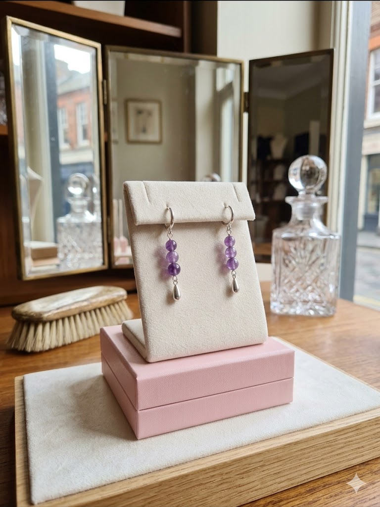 Celestial Violet Amethyst & Sterling Silver Drop Huggie Earrings