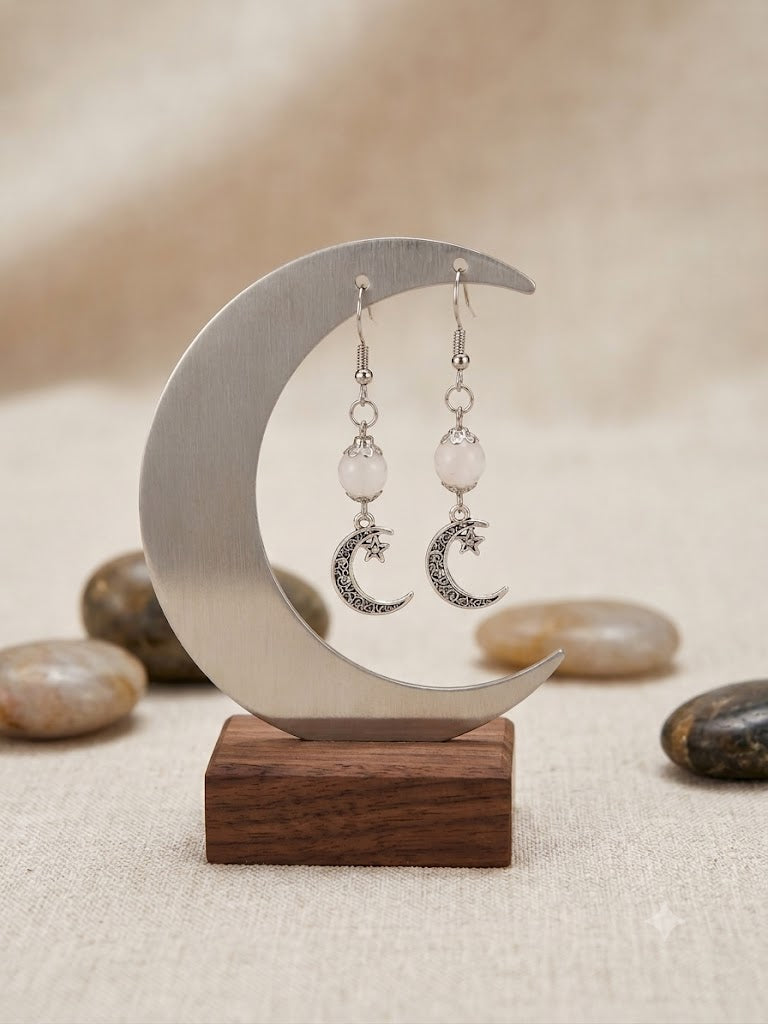 Celestial Rose Quartz Dangle Earrings: Lunar Harmony